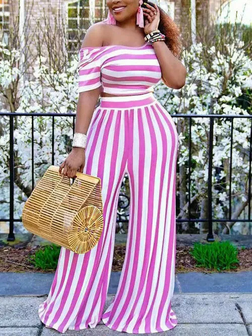 2 Pieces Sets Stripe Printed Short Sleeve T-shirt & Wide Leg Pants