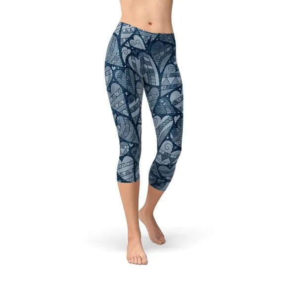 Blue Hearts on Heart Capri Leggings