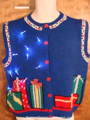 Cute Blue 80s Light Up Ugly Xmas Sweater Vest with Gifts