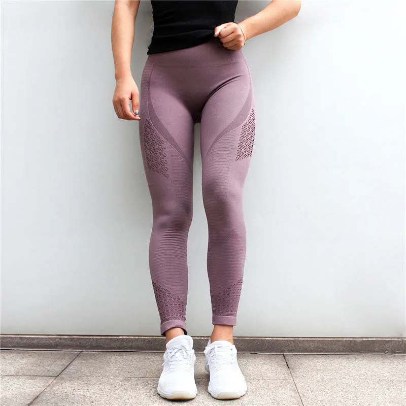 KittenAlarm - Mojoyce Hollow Yoga Leggings For Women Sports Leggings Seamless Fitness Yoga Pants High Waist Push Up Workout Running Solid Tights Pants