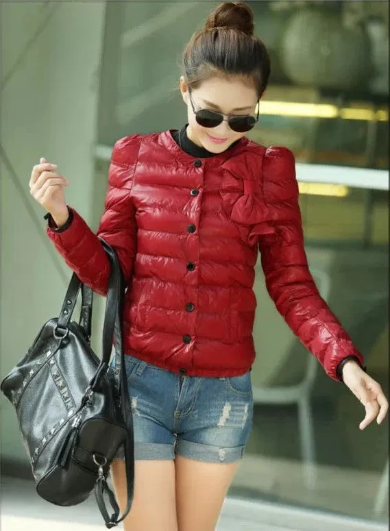 New women ZAB padded jacket to keep warm in winter, ladies fashion, decorative bow, Slim short jacket Outerwear & Padded