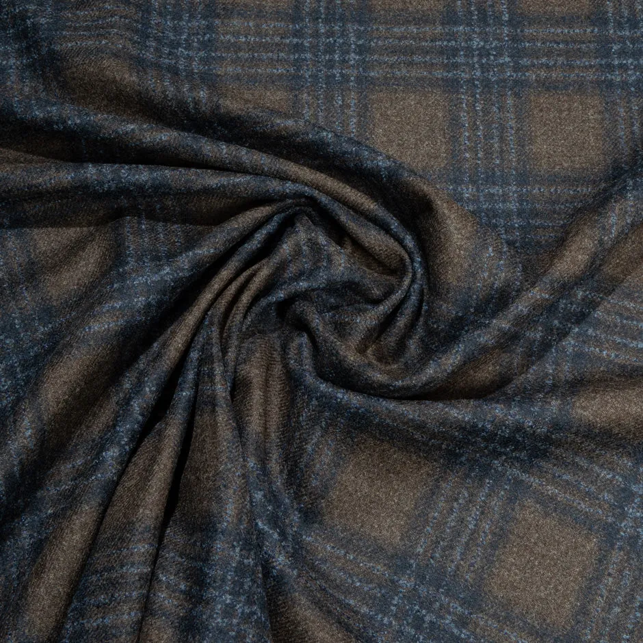 Rich Brown & Navy Blue Checkered Wool, Silk & Cashmere Suiting