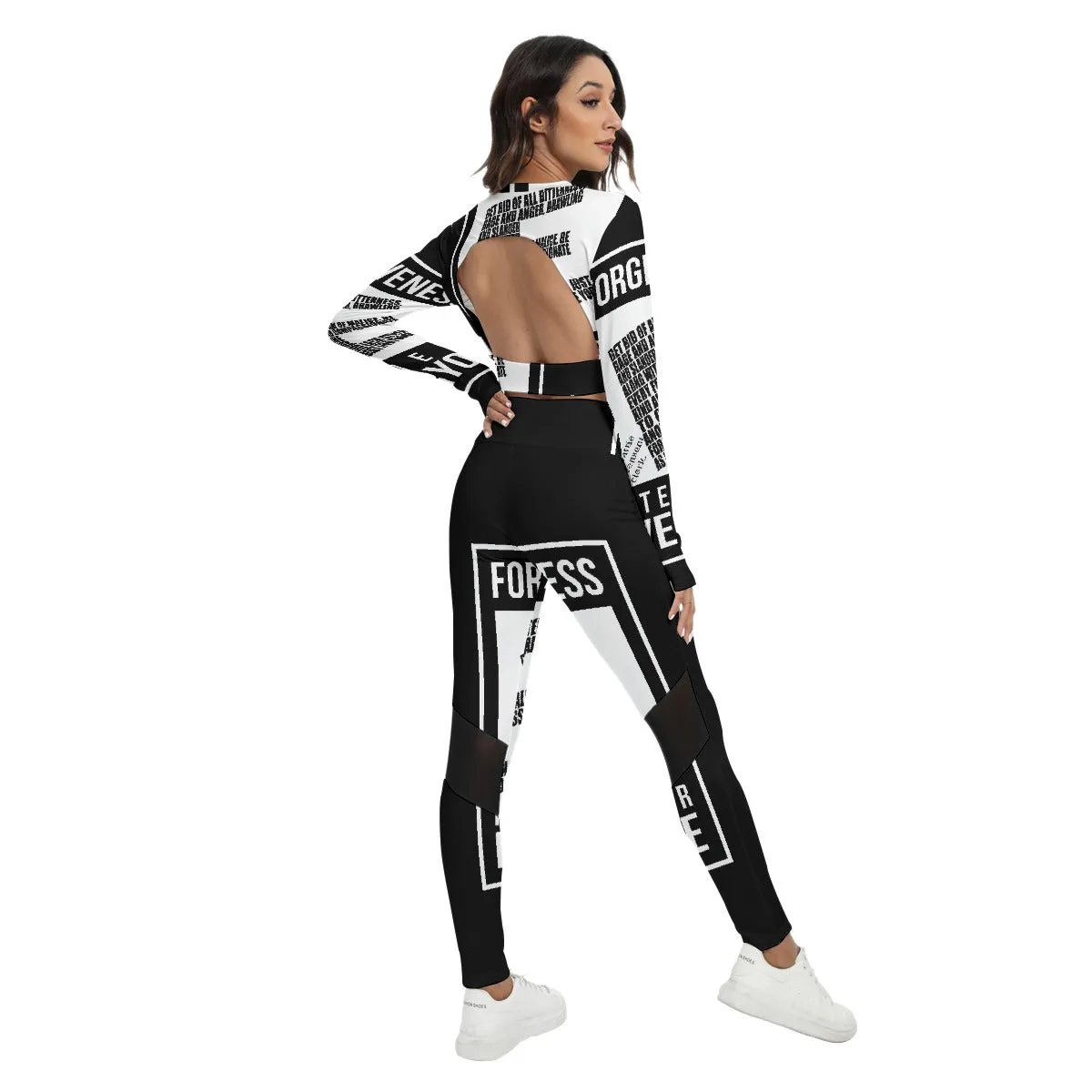 Signature Series B/W All-Over Print Women's Sport Set With Backless Top And Leggings