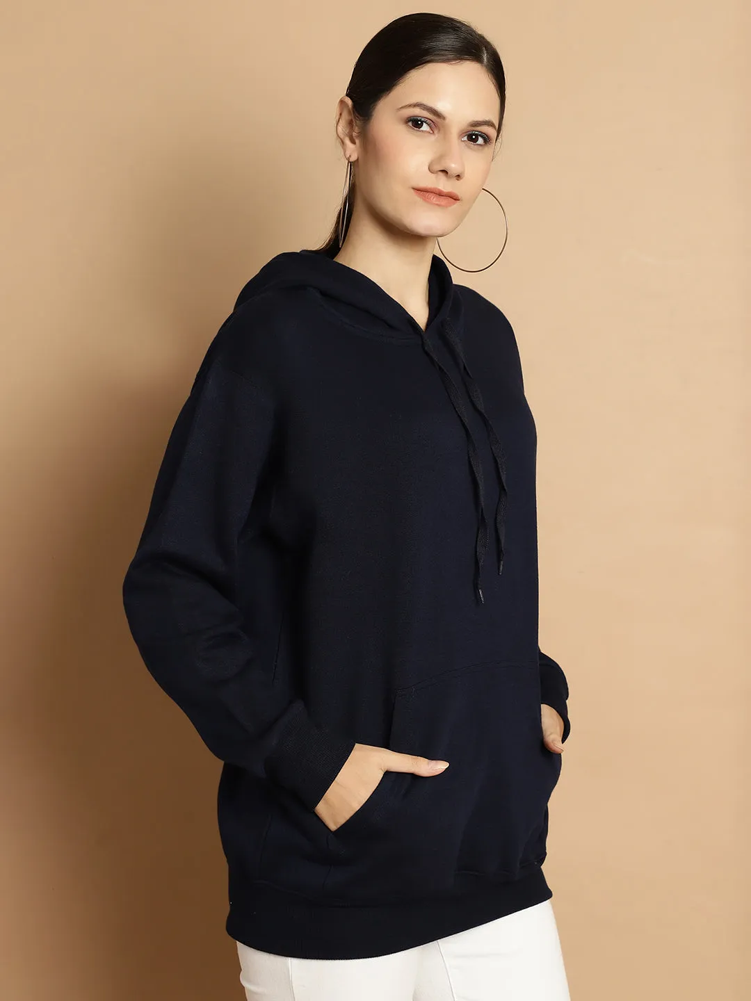 Vimal Jonney Navy Blue Solid Hooded Cotton Fleece Sweatshirt for Women