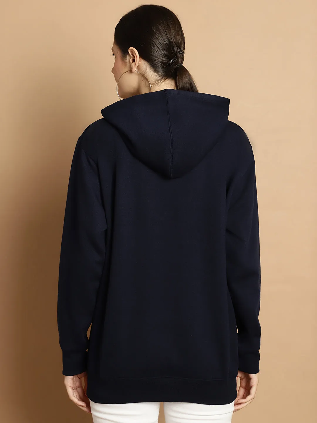 Vimal Jonney Navy Blue Solid Hooded Cotton Fleece Sweatshirt for Women