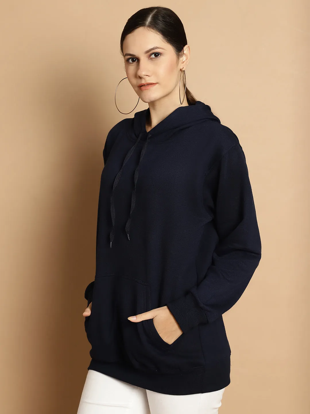 Vimal Jonney Navy Blue Solid Hooded Cotton Fleece Sweatshirt for Women