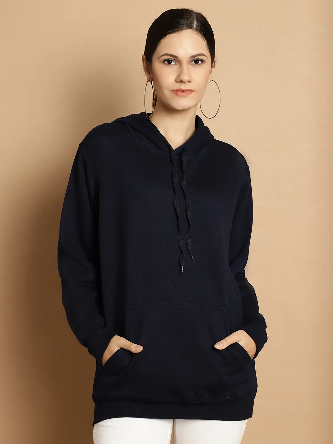 Vimal Jonney Navy Blue Solid Hooded Cotton Fleece Sweatshirt for Women