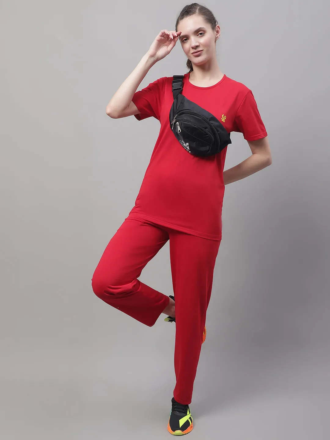 Vimal Jonney Red Cotton Solid Co-ord Set Tracksuit For Women