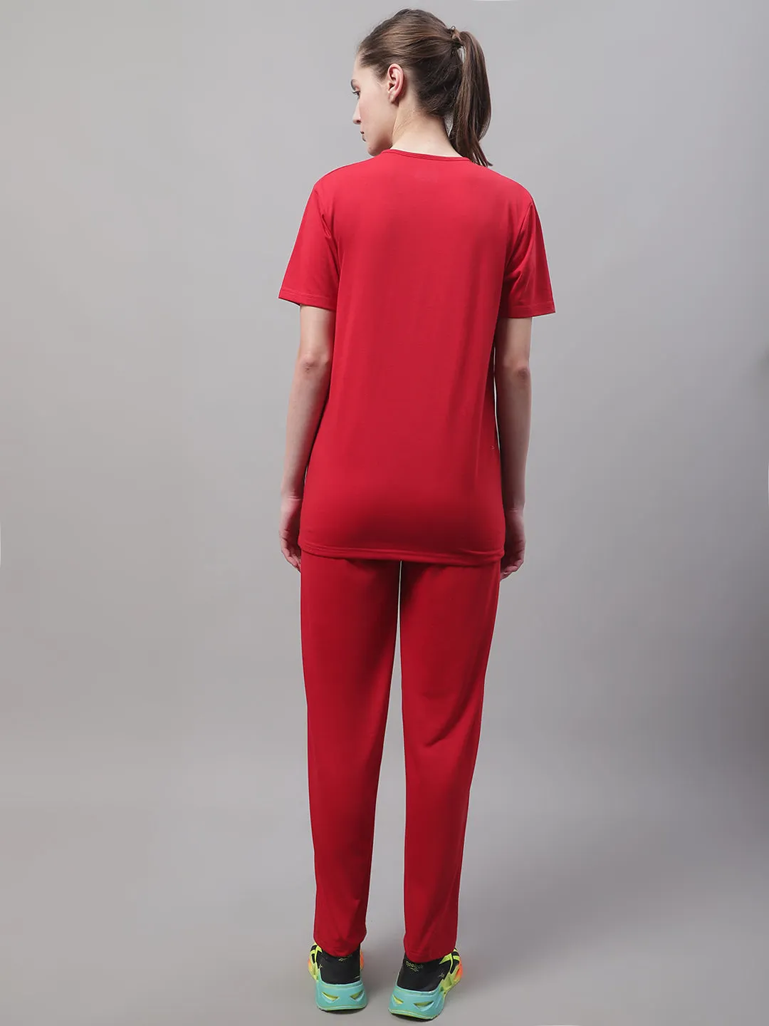 Vimal Jonney Red Cotton Solid Co-ord Set Tracksuit For Women