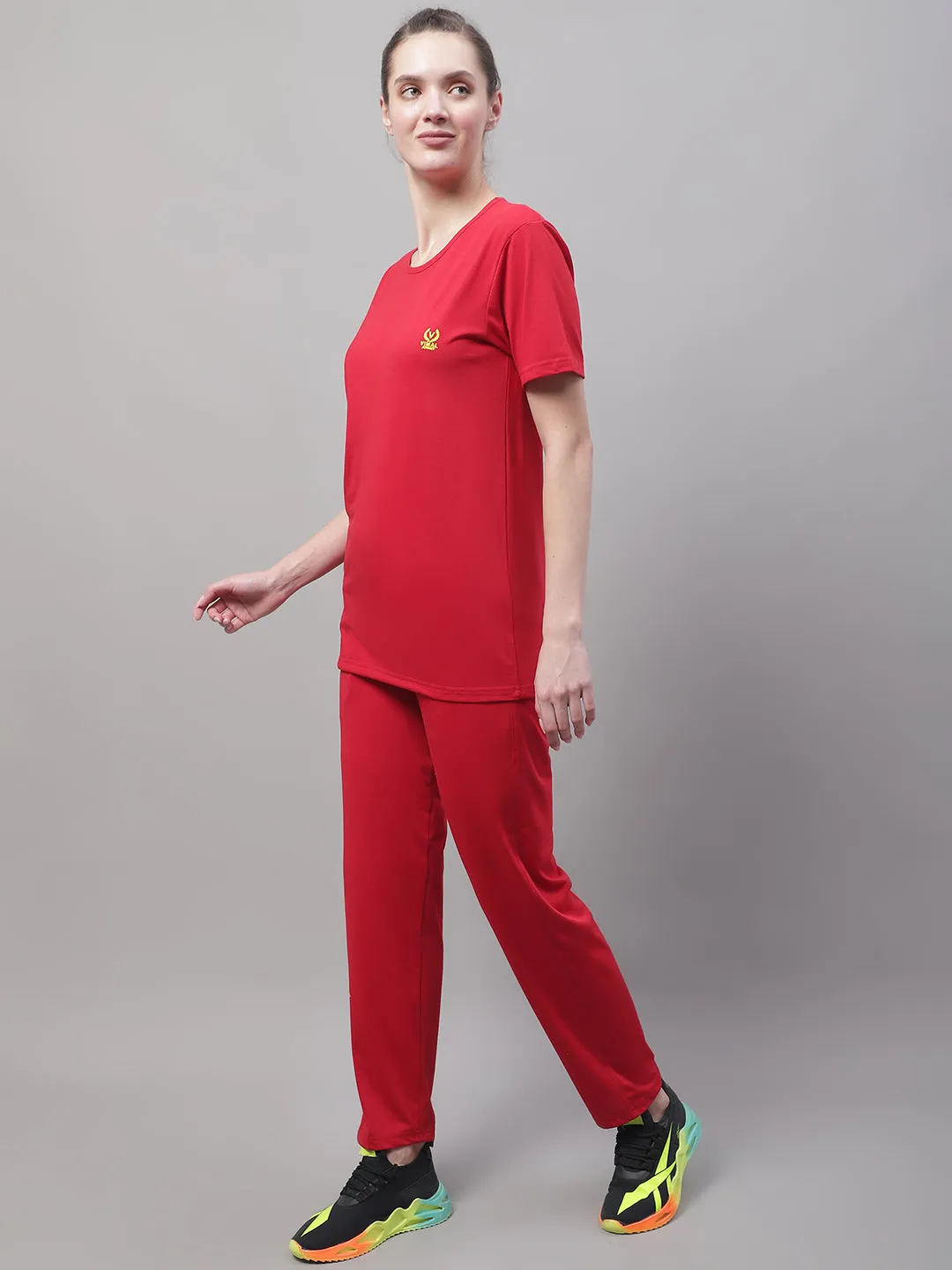 Vimal Jonney Red Cotton Solid Co-ord Set Tracksuit For Women