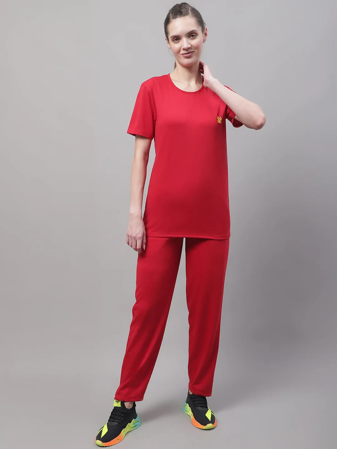 Vimal Jonney Red Cotton Solid Co-ord Set Tracksuit For Women