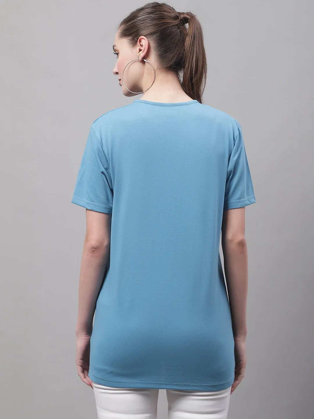 Vimal Jonney Round Neck Cotton Solid Blue T-Shirt for Women