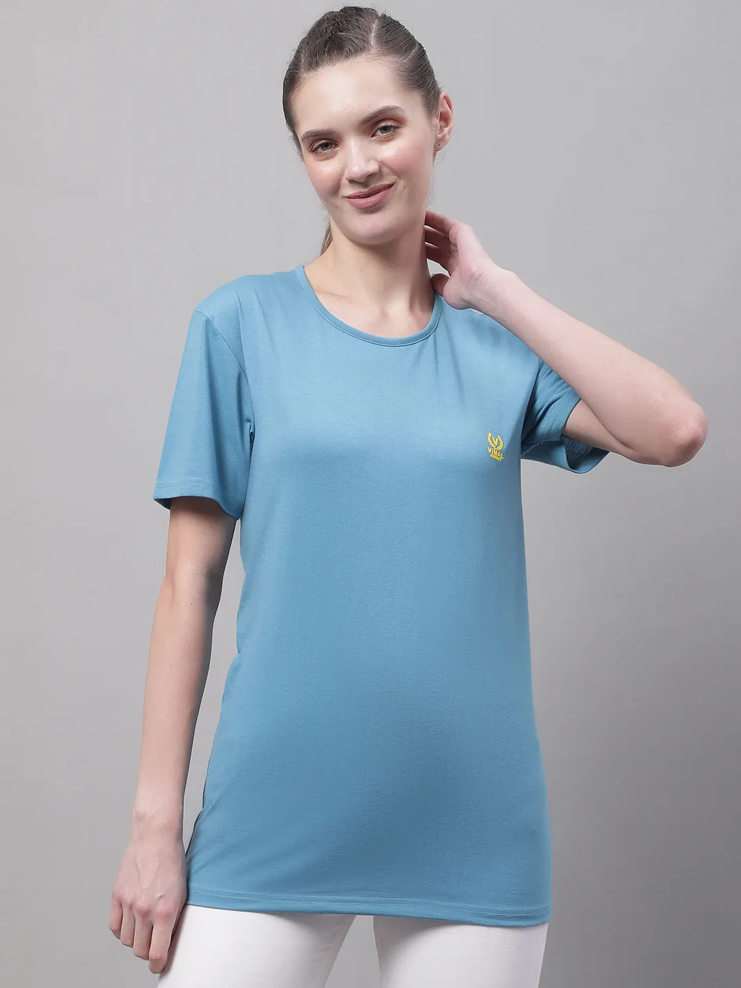 Vimal Jonney Round Neck Cotton Solid Blue T-Shirt for Women