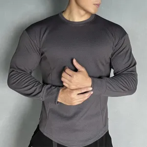 Wiaofellas Solid Round Neck Training Shirts Tee Fashion Man Breathable Solid Long Sleeve Pullover t Shirt Casual Sports Men Basic Tops