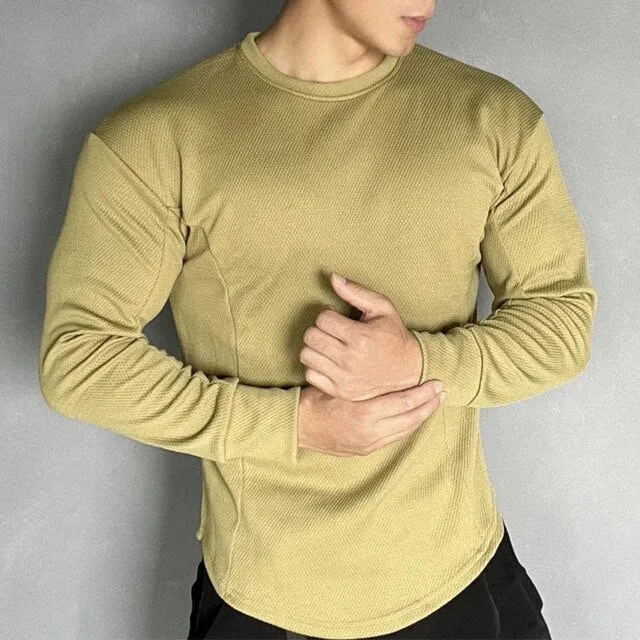 Wiaofellas Solid Round Neck Training Shirts Tee Fashion Man Breathable Solid Long Sleeve Pullover t Shirt Casual Sports Men Basic Tops