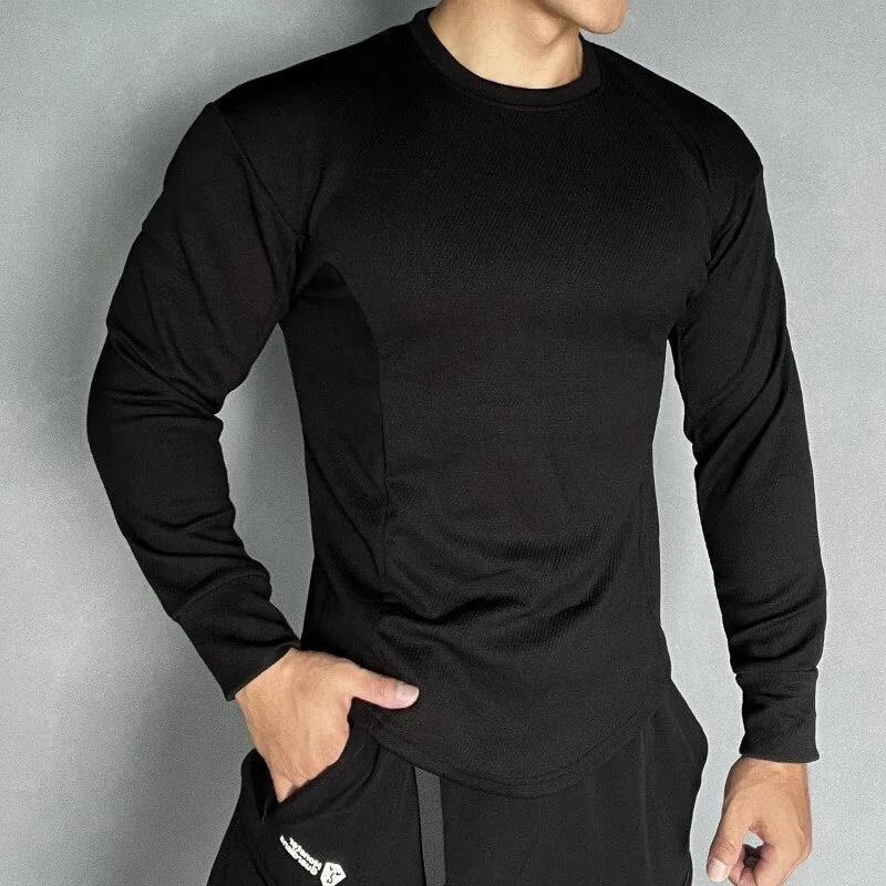 Wiaofellas Solid Round Neck Training Shirts Tee Fashion Man Breathable Solid Long Sleeve Pullover t Shirt Casual Sports Men Basic Tops