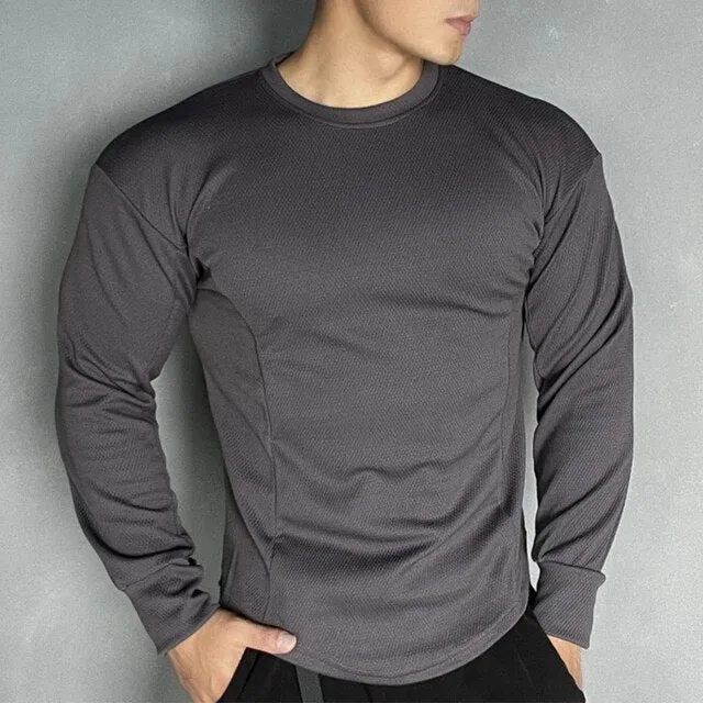 Wiaofellas Solid Round Neck Training Shirts Tee Fashion Man Breathable Solid Long Sleeve Pullover t Shirt Casual Sports Men Basic Tops