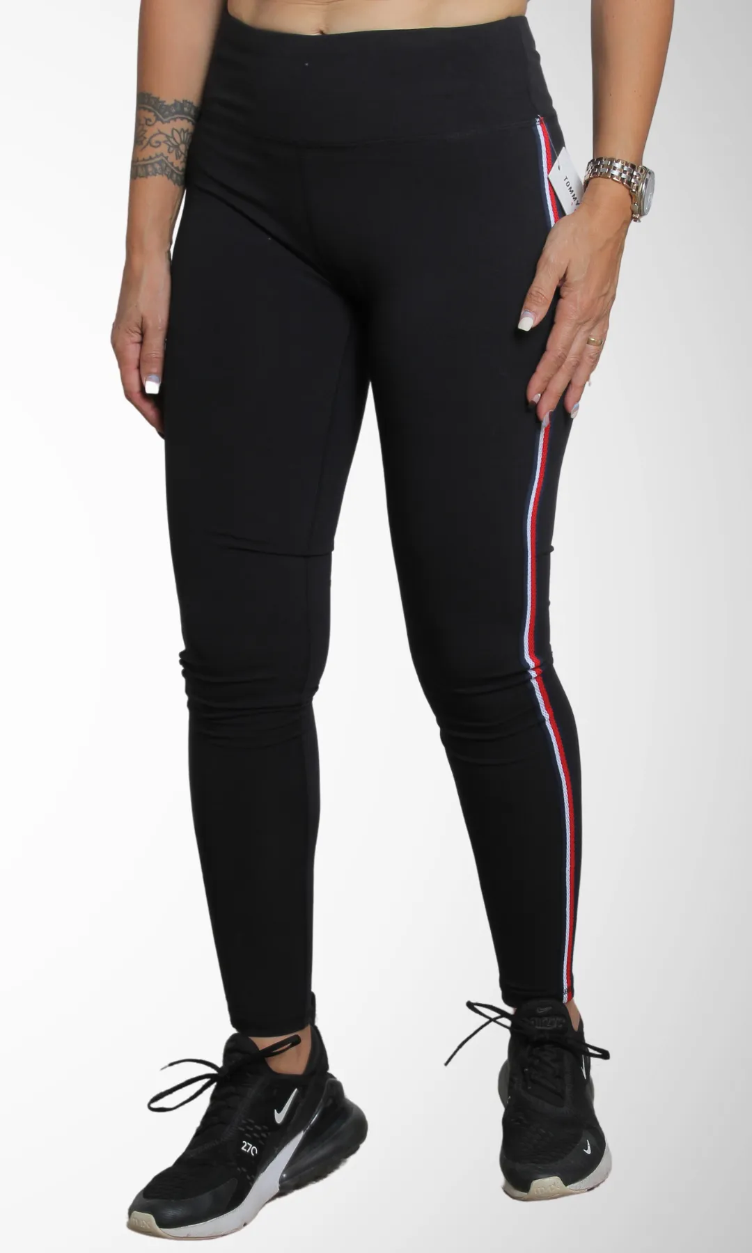 Women Tommy Striped Stretch Leggings (Black)